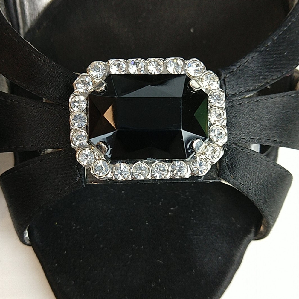 Caparros Black Satin Strappy Open Toe Black Onyx Rhinestone Jeweled Vamp Heel - Picture 13 of 13